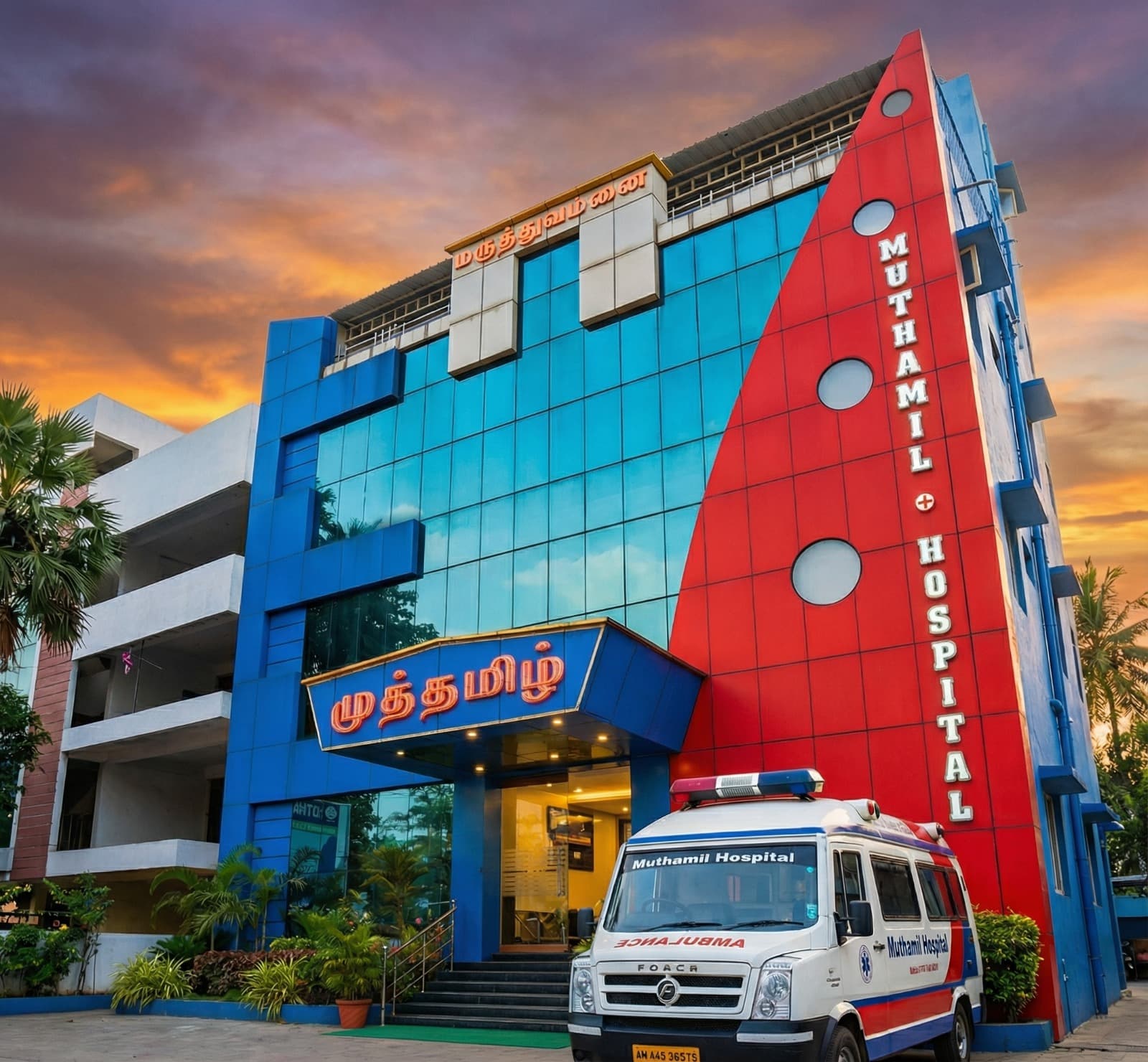 முத்தமிழ் மருத்துவமனையின் வெளிப்புற காட்சி — நுழைவாயில் மேலே 'முத்தமிழ்' நியான் பலகை, சிவப்பு கட்டிட அம்சம்.